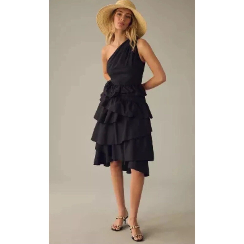 Anthropologie Midi Dress Black One Shoulder Preppy Vacay Cotton Size 16 New